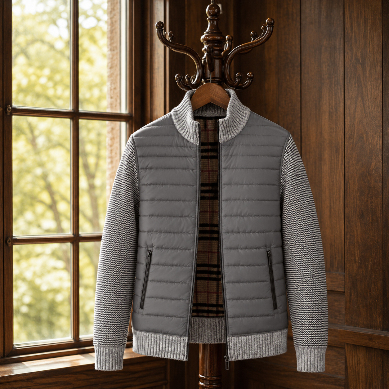 Stirling Quilted-Body Knit-Sleeve Zip Jacket