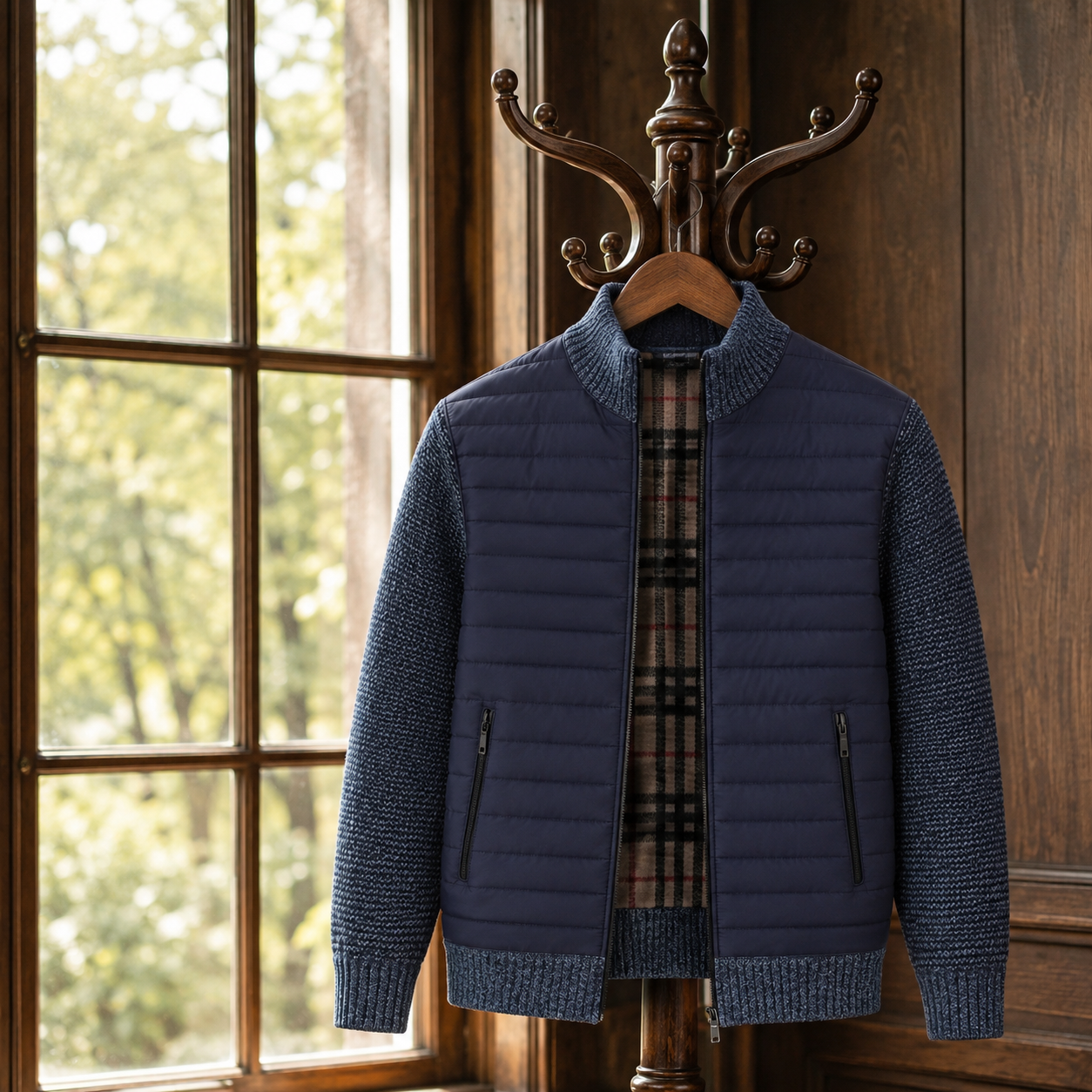 Stirling Quilted-Body Knit-Sleeve Zip Jacket