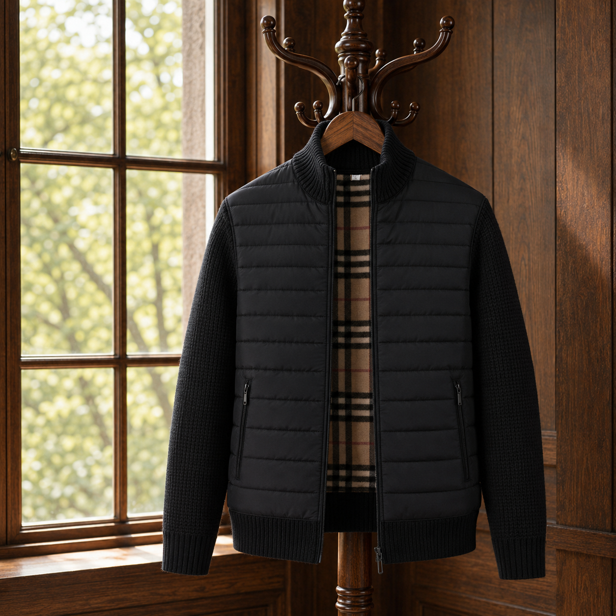Stirling Quilted-Body Knit-Sleeve Zip Jacket